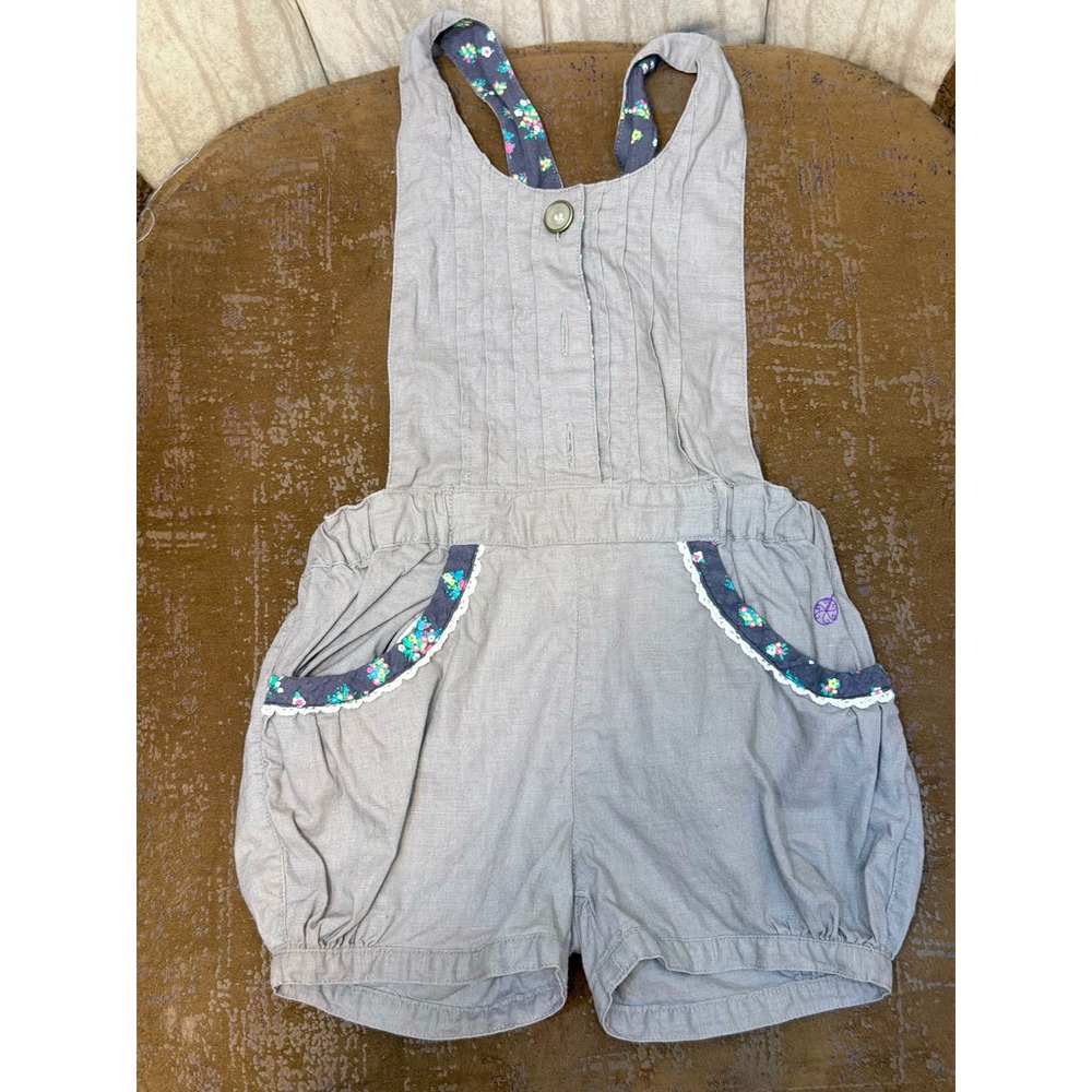 Mother‎ Goose Girls Grey Linen Blend Floral Lace Trim Bubble Romper Size 110 5T